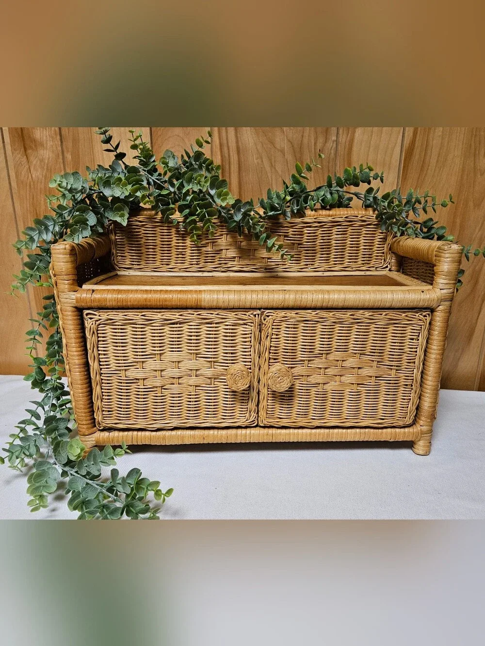 Vintage Rattan Wicker Wall 2 Shelf 2 Doors BOHO Cottage Granny Core Natural Wood